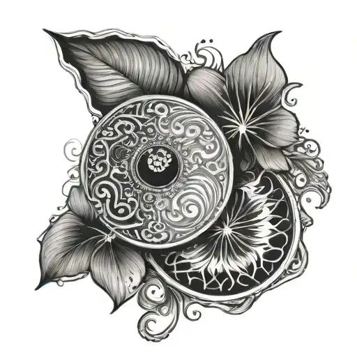 simple ying yang circle and asinian sand dollars tattoo design idea