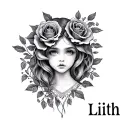 black and white tattoo for my child named “Lilith” make it simple but big and no faces, add roses  tattoo design idea