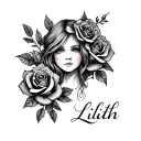 black and white tattoo for my child named “Lilith” make it simple but big and no faces, add roses  tattoo design idea