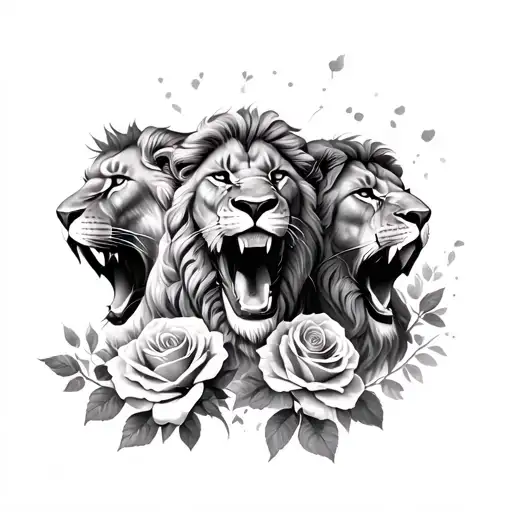 3 lions covered mouth with roses growing tattoo design idea