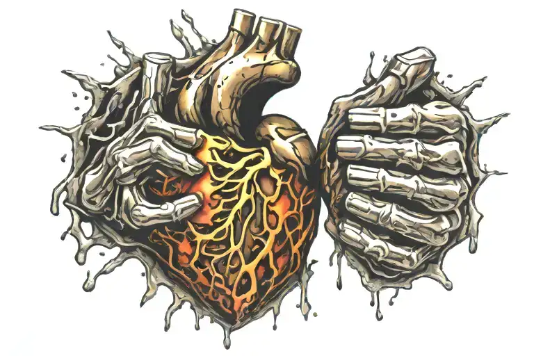 fist breaking free through metal holding the shape of a heart tattoo design idea