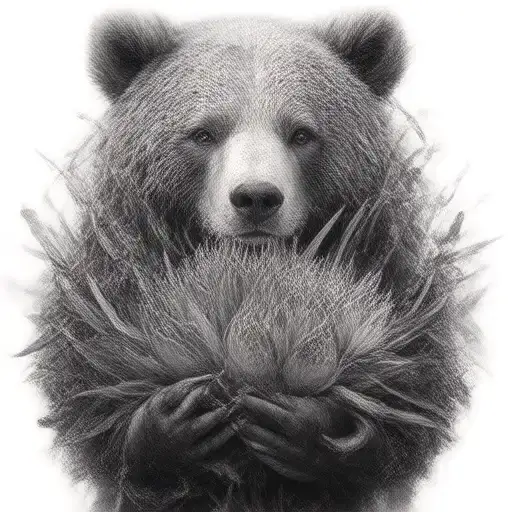 bear holding a protea flower inside tattoo design idea