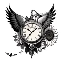 Clock with wolf inside owl sky mountain sand timer waterfall sunflower Lancaster bomber Robin bear tattoo design idea