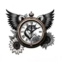 Clock with wolf inside owl sky mountain sand timer waterfall sunflower Lancaster bomber Robin bear tattoo design idea