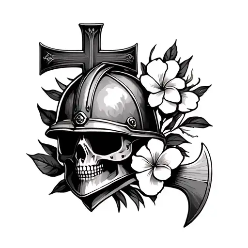 cross, fire helmet, axe, nozzle, plumeria, peony tattoo design idea