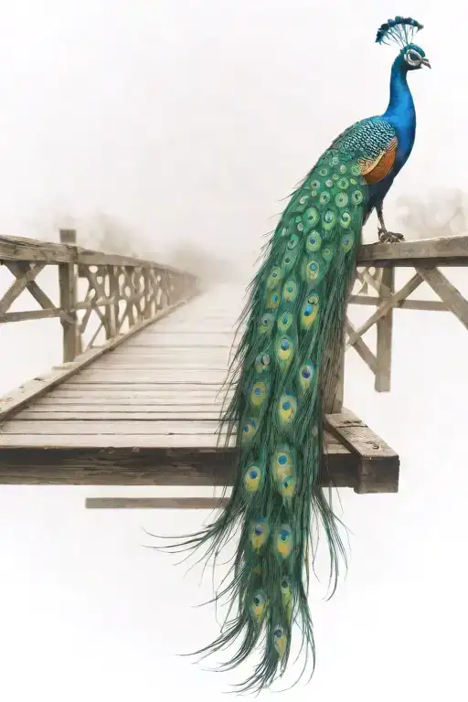 wooden bridge with peacock feather intertwined tattoo design idea