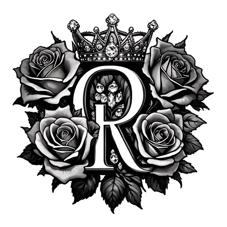 R with roses and diamonds with a crown tattoo design idea