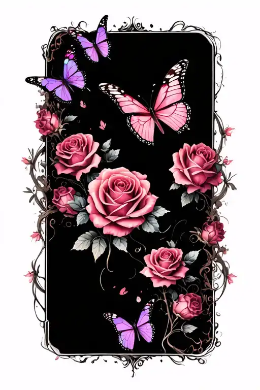 roses and butterflies exploding tattoo design idea
