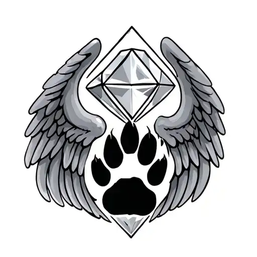Cat paw print under a diamond with angel wings tattoo design idea