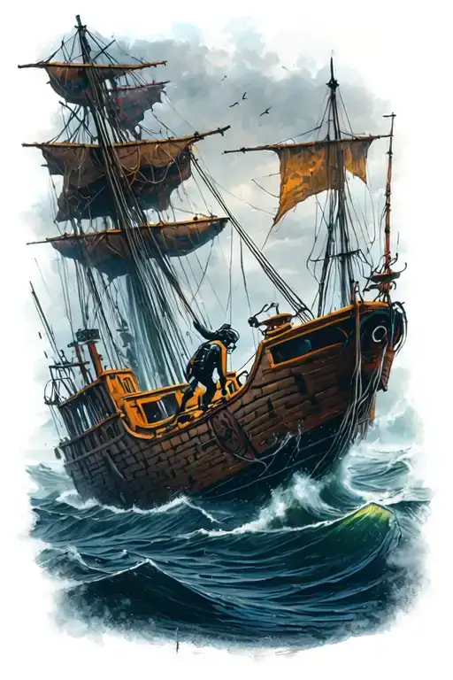 nautical sleeve with diver exploring a shipwreck tattoo design idea