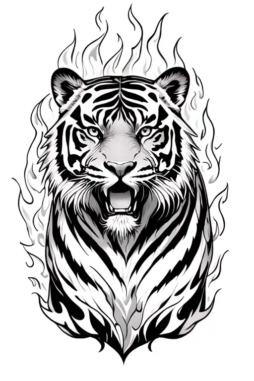 full body tiger surrounded by flames tattoo design idea