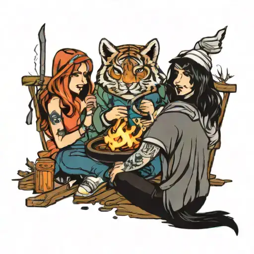 matching with 5 best friends sitting around a campfire tattoo design idea