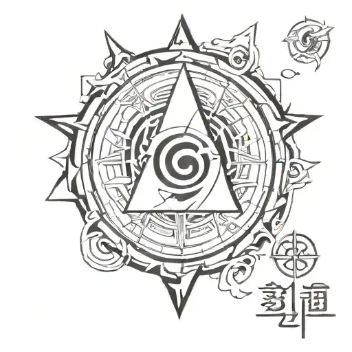 create me a simple tattoo with three naruto symbols: Konoha symbol then triangular seal and moon. tattoo design idea