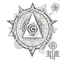 create me a simple tattoo with three naruto symbols: Konoha symbol then triangular seal and moon. tattoo design idea