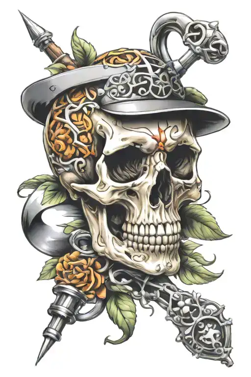 skull and medical caduceus intertwined tattoo design idea