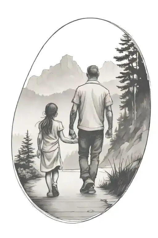 father in the middle holding hands with two small girls walking down the road with forest and cliffs in background tattoo design idea