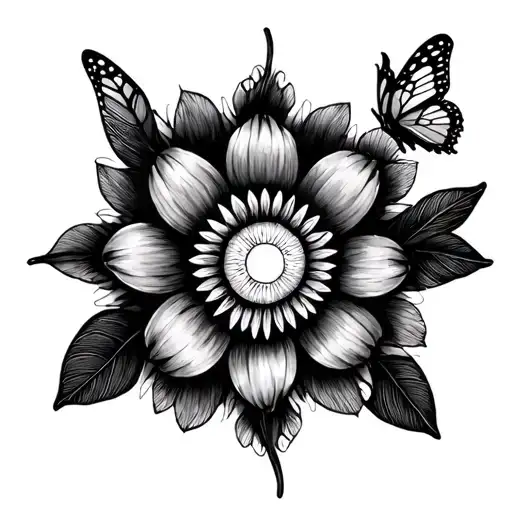 mandala lotis flower with an ibiza sun and 2 children which could be butterflies tattoo design idea