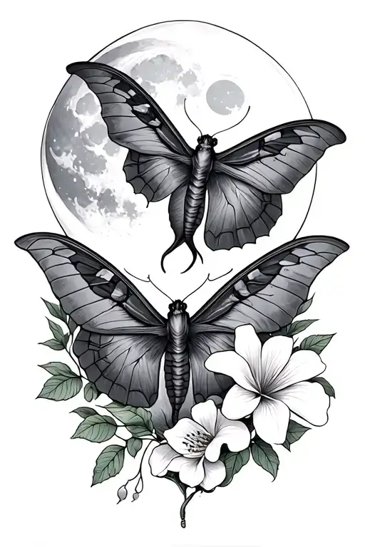 Black and grey Half arm sleeve tattoo with moon, Luna moths, and moonflowers tattoo design idea