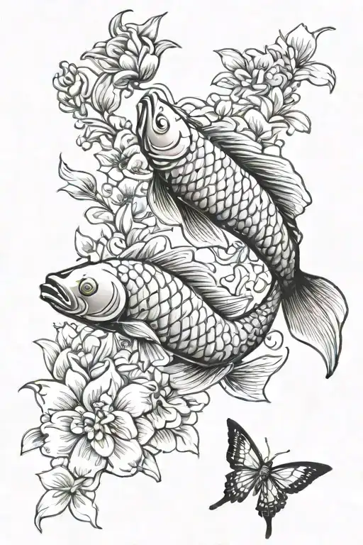 blood red arowana fish and butterfly koi fish intertwined with flowers  tattoo design idea