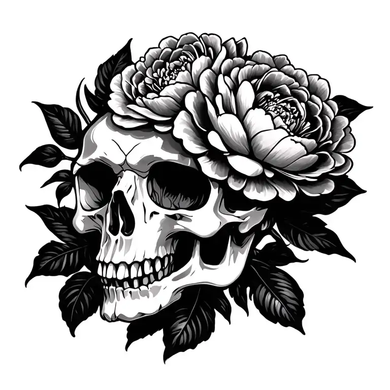 raven skull peonies femenine tattoo design idea