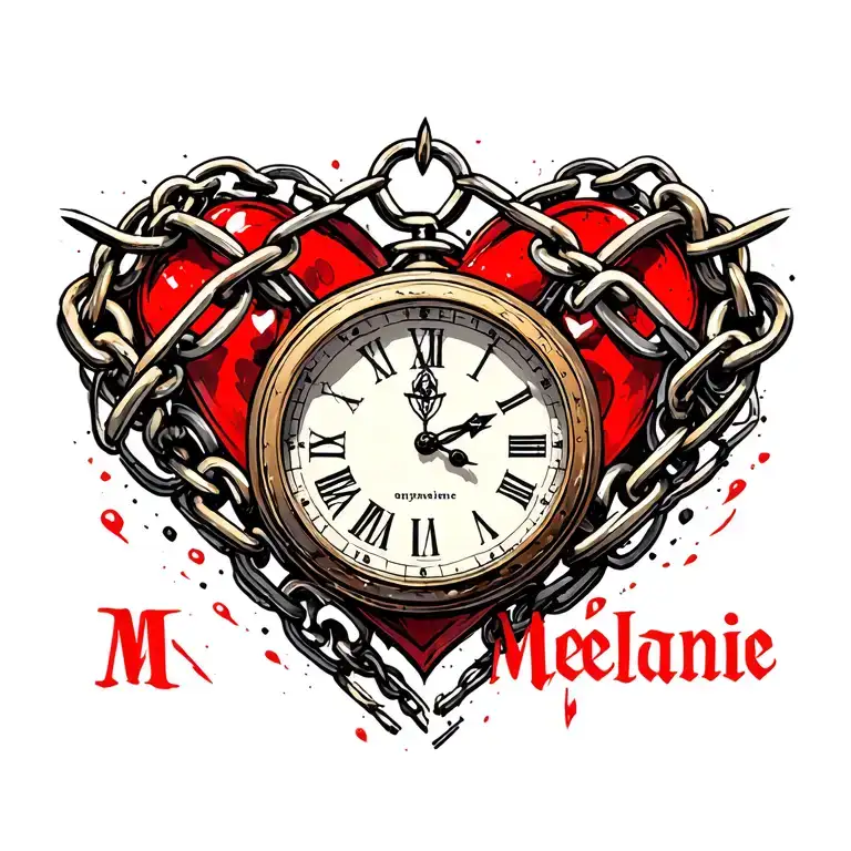 "Mélanie" clock Coeur chain tattoo design idea