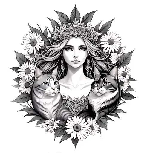 highly stylised goddess Freya with two stylised cats encircled with alternate linden leaves and daisies  tattoo design idea