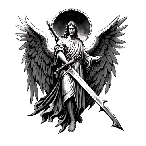 Archangel Micheal wings spread with sword in the ground tattoo design idea