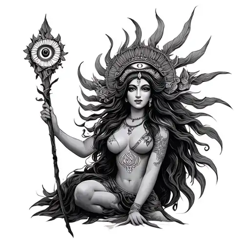 Goddess with 3rd eye holdindg a stick with a loin standing beside her tattoo design idea