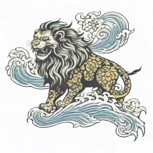 chinese lion in japanis waves tattoo design idea