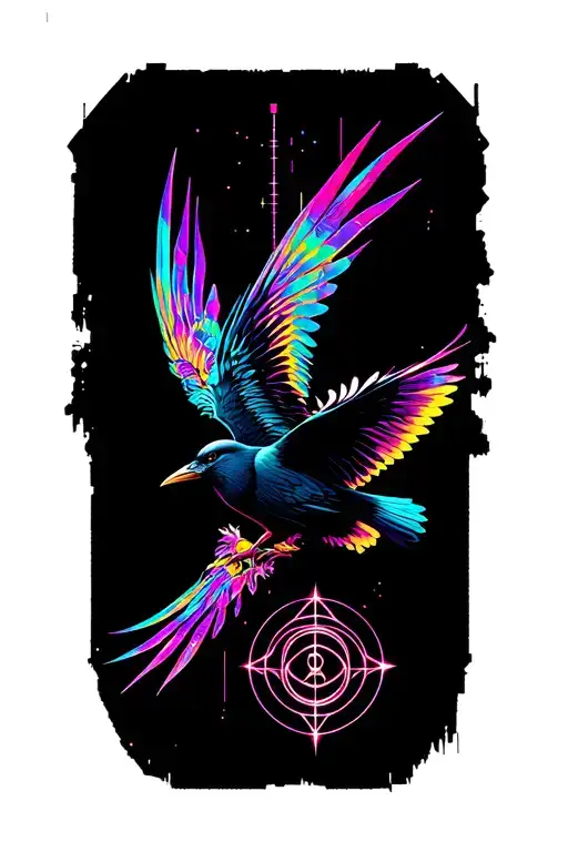 Black bird flying, 4 wings spread wide, danger tail tattoo design idea