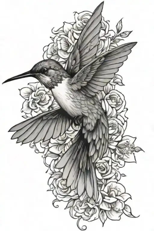 humming bird with flowers tattoo design idea