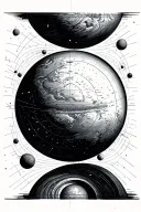 negative space astronomy planets map with Cartesian lines and tattoo design idea