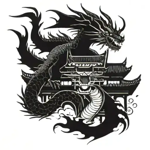 Japanese house dragon with warrior  tattoo design idea