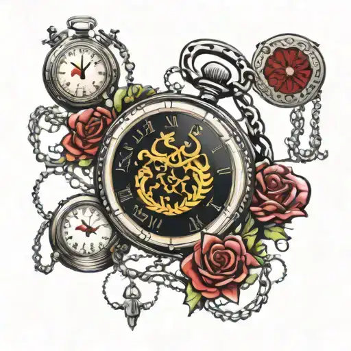Leo, Scorpio, Aries zodiac siagn with pocket watch and rosary tattoo design idea