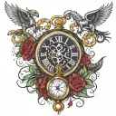 Leo, Scorpio, Aries zodiac siagn with pocket watch and rosary tattoo design idea