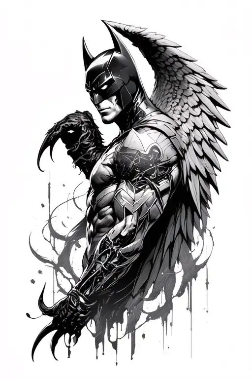 Left Arm, dark knight on the shoulder, dark angel on the forearm, full sleeve surrounds it all with cyber sigilism tattoo design idea