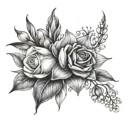 One Rose, Two Lily of the Valley Flowers, One Snowdrop flower, One Daffodil tattoo design idea