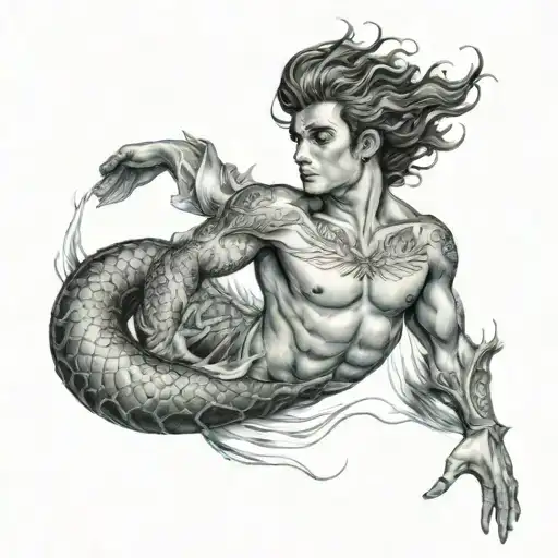 Make me a tattoo design of a young merman tattoo design idea