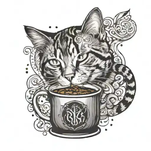 A cat playing with a Hogwarts acceptance letter surrounded by swirling coffee beans tattoo design idea