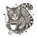 A cat playing with a Hogwarts acceptance letter surrounded by swirling coffee beans tattoo design idea
