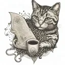 A cat playing with a Hogwarts acceptance letter surrounded by swirling coffee beans tattoo design idea