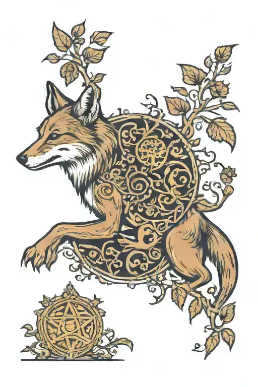 renaissance engraving of coyote and the tree of life tattoo design idea