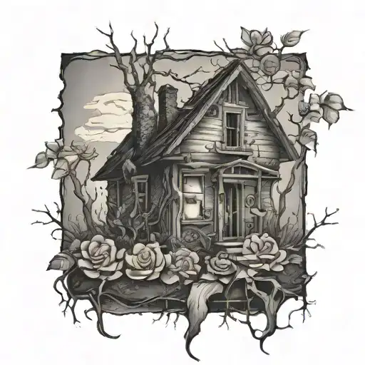 Abandoned ruined old house, roses, tree roots tattoo design idea
