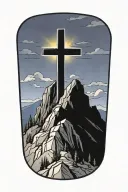 christian cross summit of a mountain landscape ray of sunshine tattoo design idea