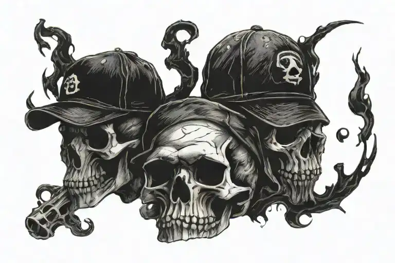 three skulls with a baseball hat tattoo design idea