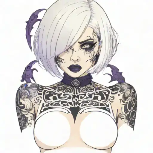 Sexy Petite Girl white short bob hairstyle, revealing clothes, big boobs, waist up view, purple eyes. gothic tattoo design idea
