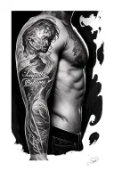 A sleeve on arm that has the verse 2 Timothy 1:7 written out on the forearm then the name Bellamy on the shoulder/bicep tattoo design idea