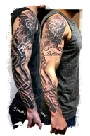 A sleeve on arm that has the verse 2 Timothy 1:7 written out on the forearm then the name Bellamy on the shoulder/bicep tattoo design idea