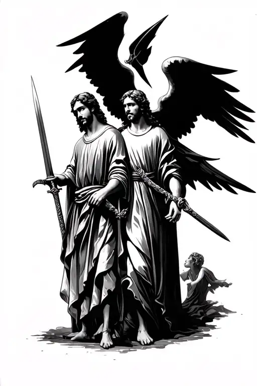 saint gabriel and saint raphael with swords 2 different archangels tattoo design idea
