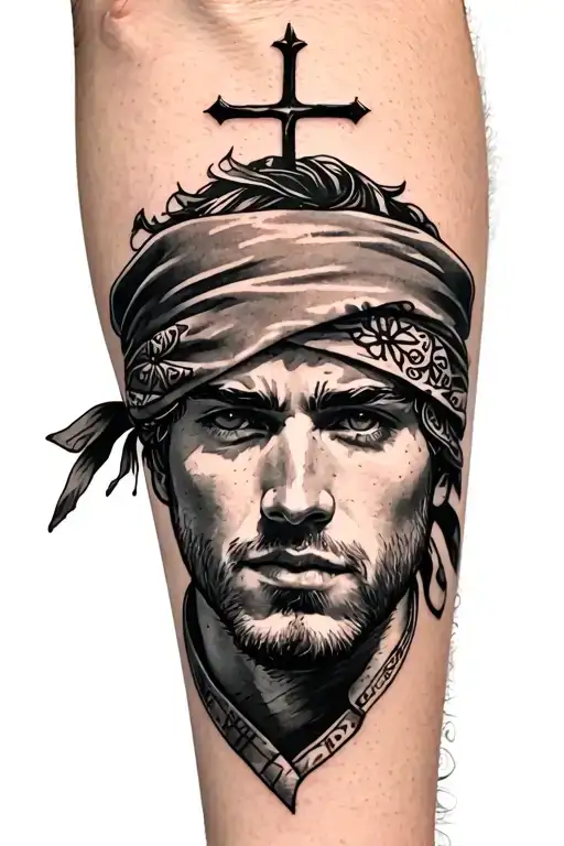 portrait on my outer forearm of a man with bandana covering half his face, cross above the portrait going onto my bicep tattoo design idea
